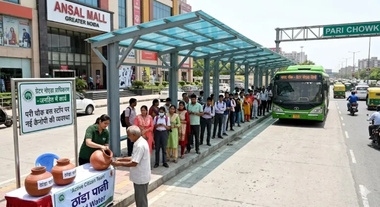 Greater Noida: परी चौक बस स्टॉप पर यात्रियों को मिली राहत, प्राधिकरण ने लगवाई कैनोपी और ठंडे पानी की व्यवस्था
