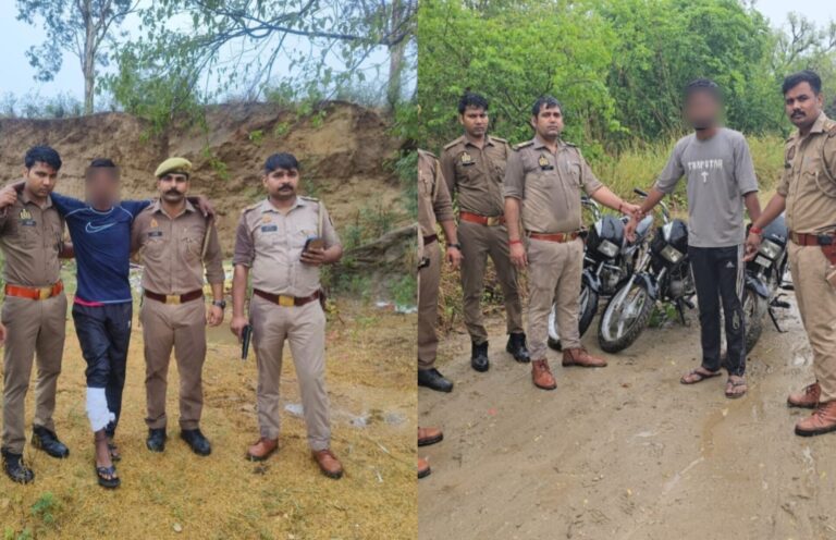 Uttar Pradesh : हापुड़ पुलिस की मुठभेड़ में अंतरराज्यीय गिरोह के दो बदमाश गिरफ्तार, चार बाइक और हथियार बरामद
