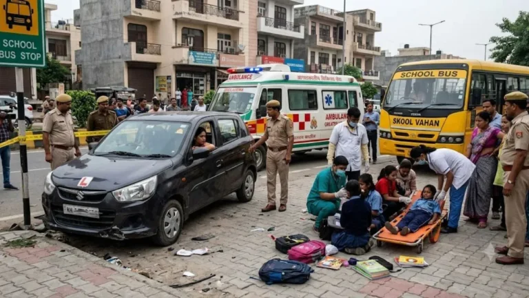 Greater Noida: स्कूल बस का इंतजार कर रहे बच्चों को कार ने मारी टक्कर, 3 बच्चे समेत 4 घायल